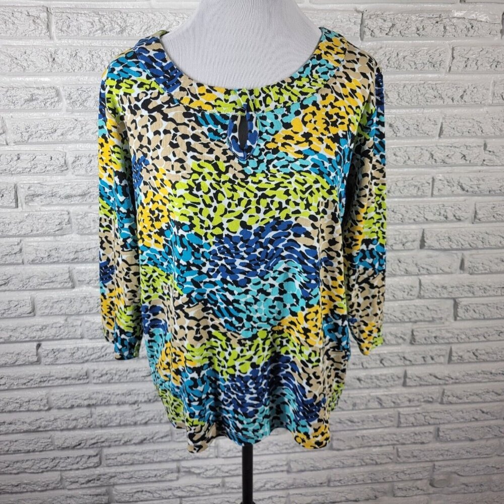 Rafaella Studio 2X Plus Blue Watercolor Knit Top 3/4 Sleeve Keyhole WAT70E